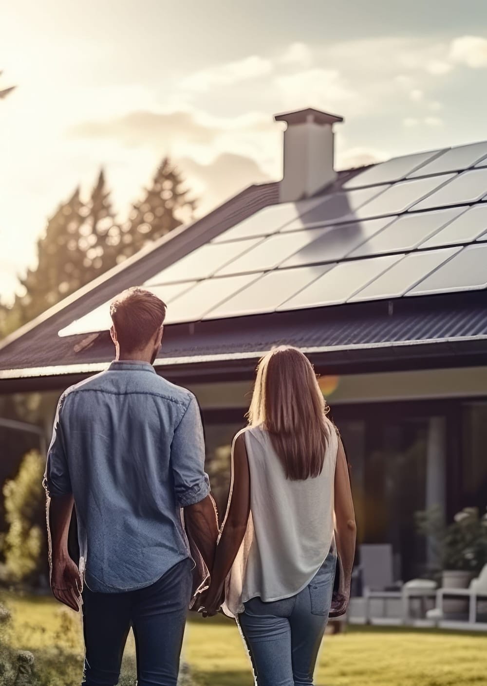 Ein junges Paar steht vor seinem Haus mit einer PV-Anlage auf dem Dach Ein junges Paar steht vor seinem Haus mit einer PV-Anlage auf dem Dach