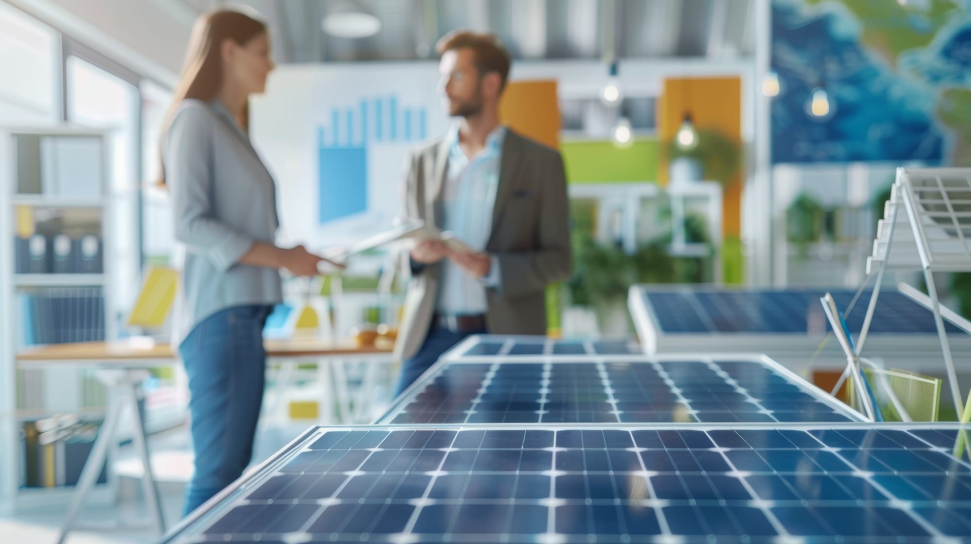 Eine Beratungs-Situation zwischen einer Frau und einem Mann zum Thema Solaranlagen Eine Beratungs-Situation zwischen einer Frau und einem Mann zum Thema Solaranlagen