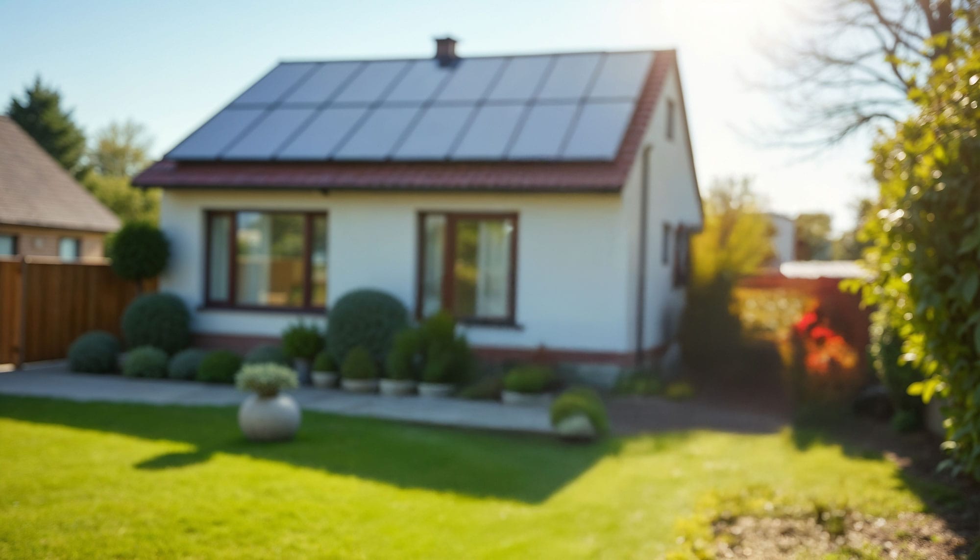 Unscharfes Foto eines Einfamilienhauses mit Garten in abendlichem Sonnenlicht Unscharfes Foto eines Einfamilienhauses mit Garten in abendlichem Sonnenlicht