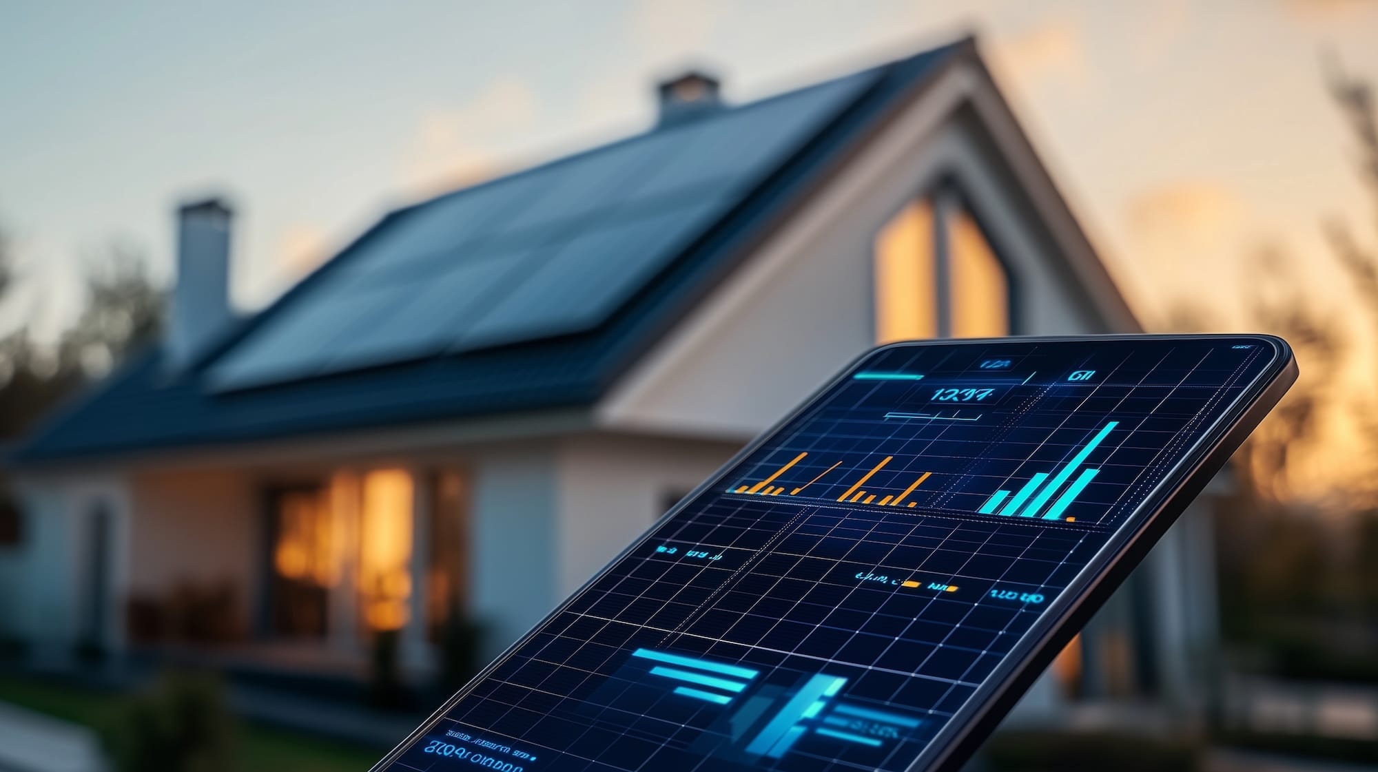 Eine App auf einem Smartphone vor einem Haus mit einer PV-Anlage auf dem Dach Eine App auf einem Smartphone vor einem Haus mit einer PV-Anlage auf dem Dach