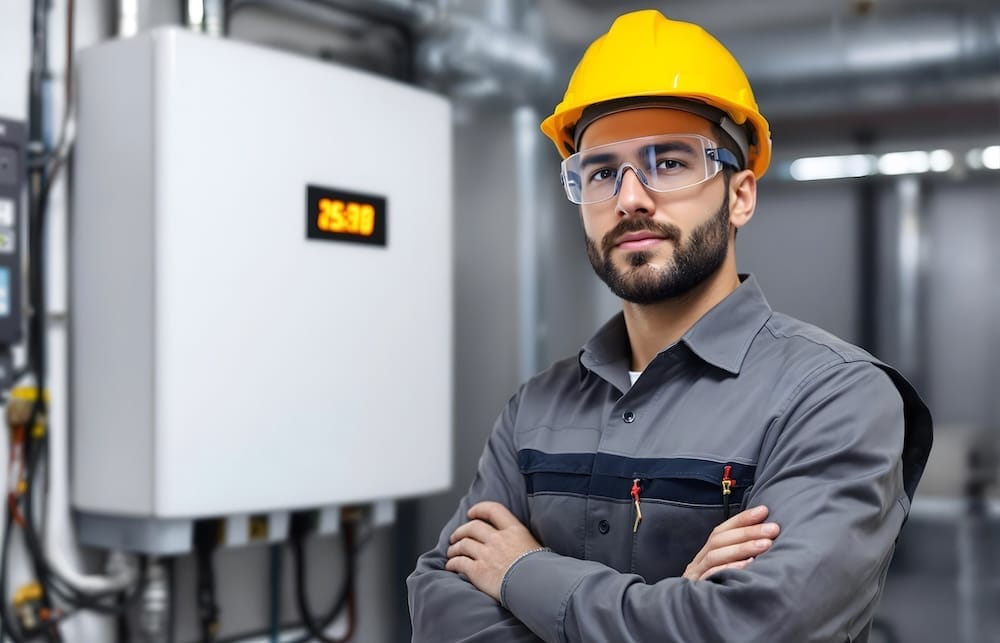 Ein junger Mann mit einem Bauhelm steht in Arbeitskleidung vor einer Heizungsinstallation im Keller Ein junger Mann mit einem Bauhelm steht in Arbeitskleidung vor einer Heizungsinstallation im Keller