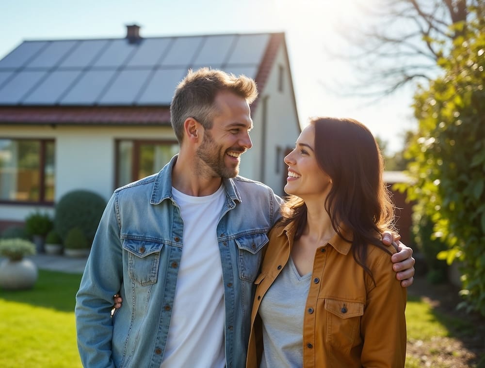 Ein junges Paar steht vor seinem Haus mit einer PV-Anlage auf dem Dach Ein junges Paar steht vor seinem Haus mit einer PV-Anlage auf dem Dach