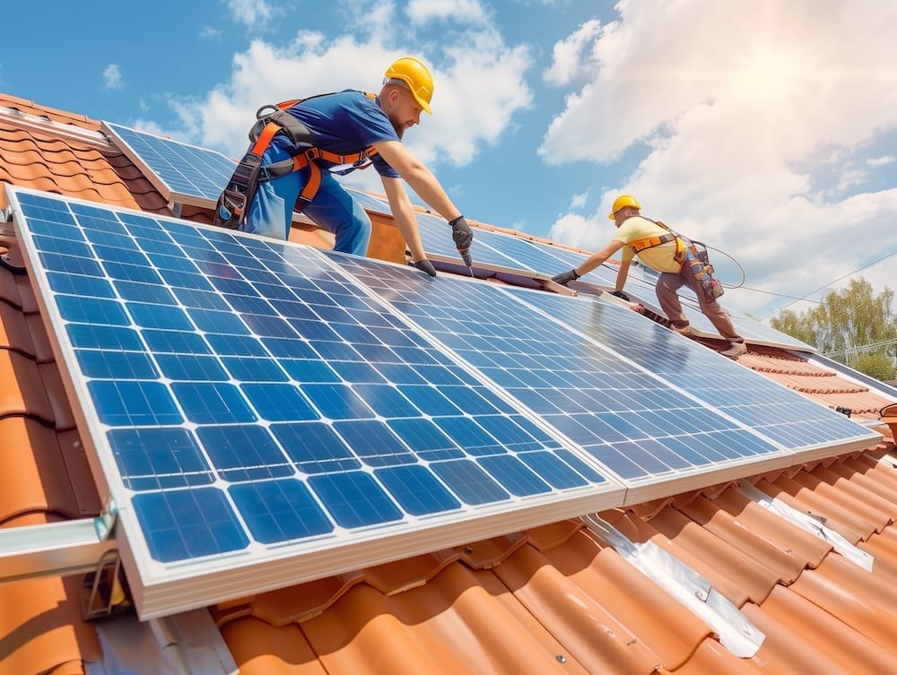 Zwei Monteure installieren PV-Module auf dem Dach eines Hauses Zwei Monteure installieren PV-Module auf dem Dach eines Hauses